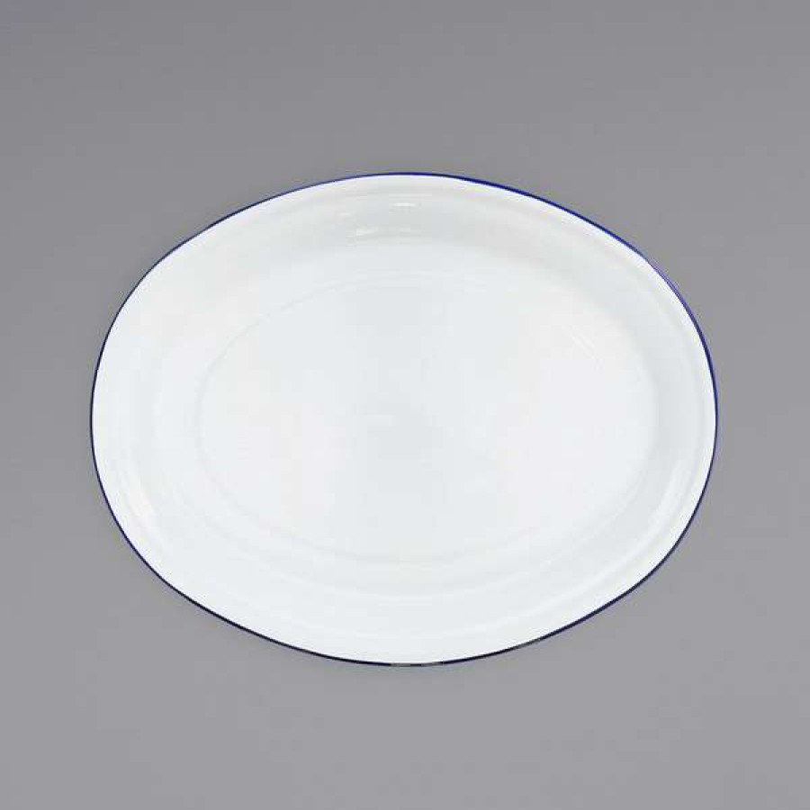 Enamelware * Crow Canyon Home V61Blu Vintage 18 X 13 White Enamelware Oval Platter With Blue Rolled Rim