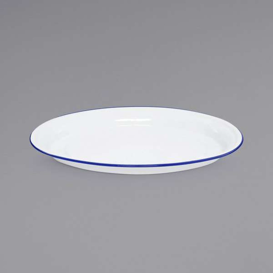 Enamelware * Crow Canyon Home V61Blu Vintage 18 X 13 White Enamelware Oval Platter With Blue Rolled Rim