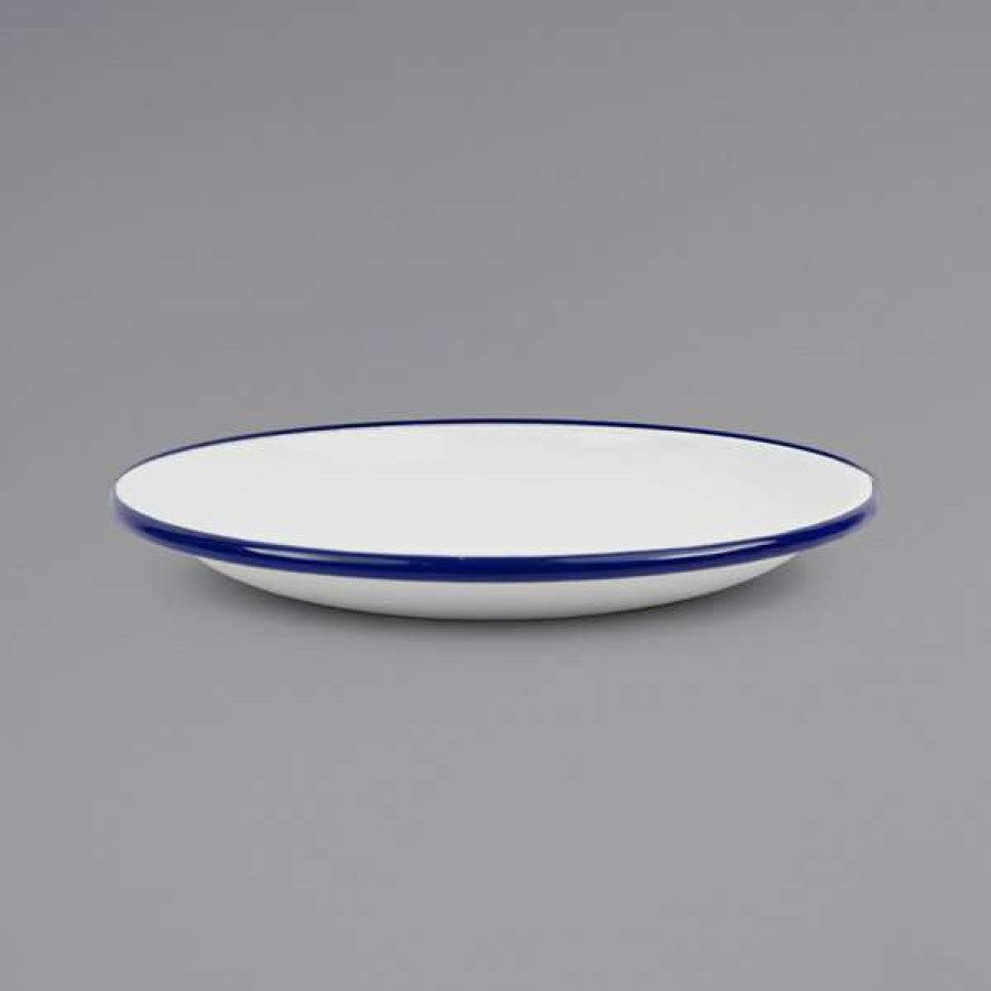 Enamelware * Crow Canyon Home V124Blu Vintage 10 1/2 White Coupe Enamelware Plate With Blue Rolled Rim