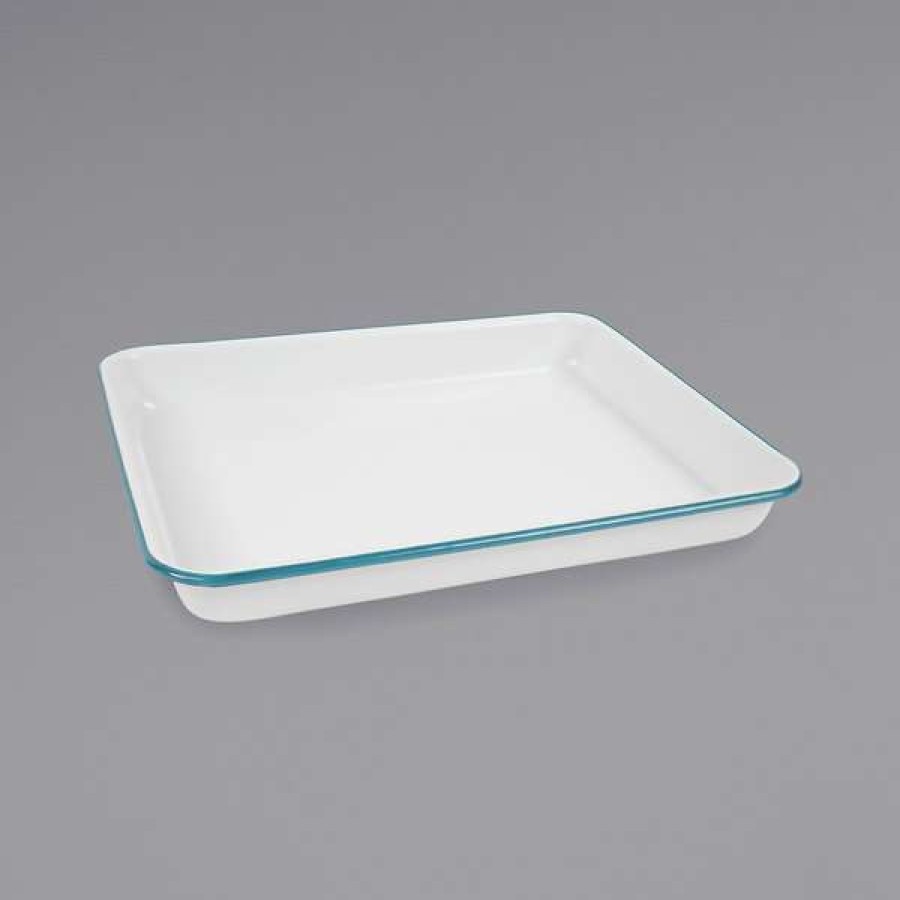 Enamelware * Crow Canyon Home V190Tur Vintage 11 1/4 X 8 3/4 White Rectangular Enamelware Tray With Turquoise Rolled Rim