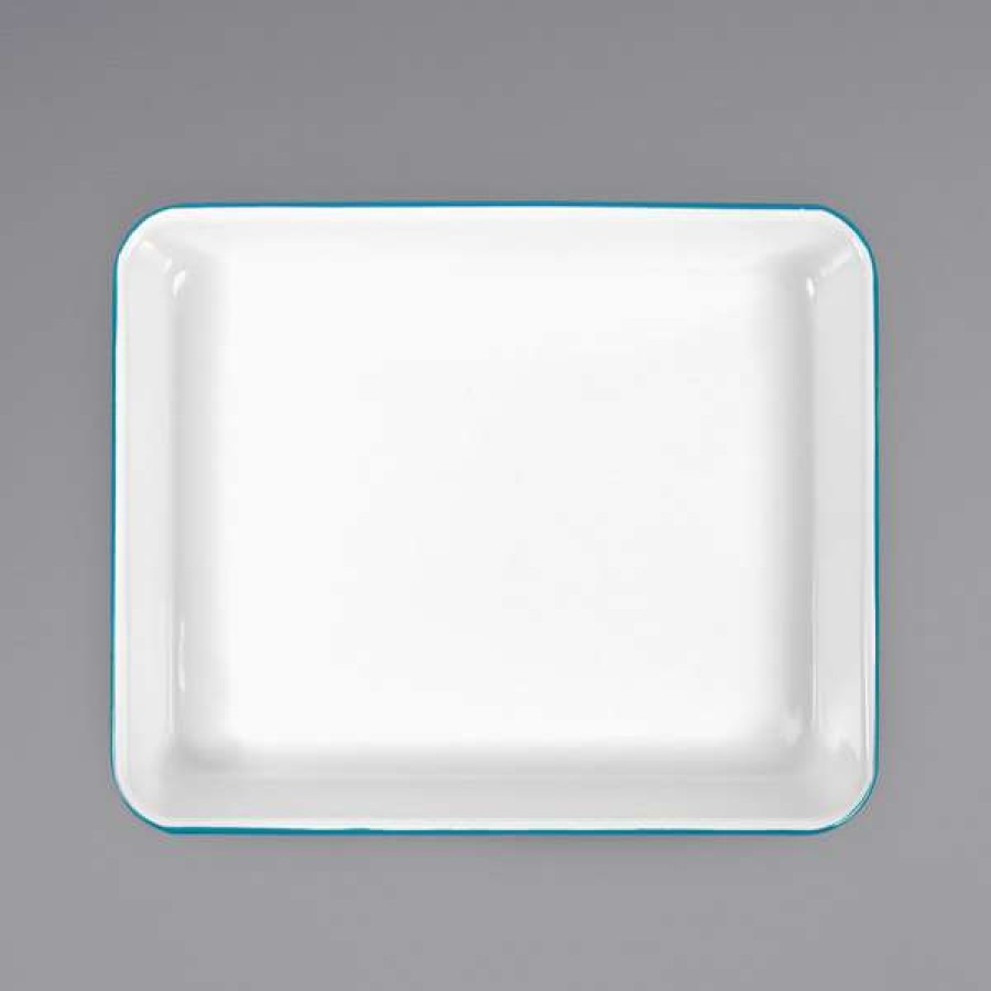 Enamelware * Crow Canyon Home V190Tur Vintage 11 1/4 X 8 3/4 White Rectangular Enamelware Tray With Turquoise Rolled Rim