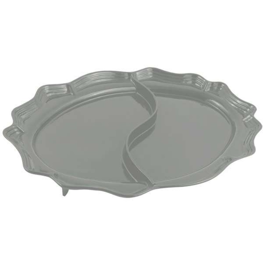 Metal Serving And Display Platters / Trays * Bon Chef 2030D Queen Anne 18 3/4 X 24 Platinum Gray Sandstone Finish Cast Aluminum Divided Oval Platter