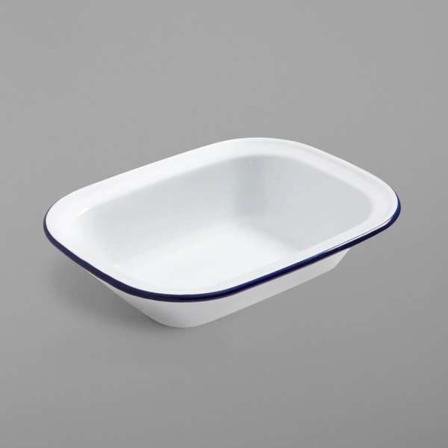 Enamelware * American Metalcraft Ewb10 32 Oz. White Rolled Rim Rectangular Bowl With Blue Rim