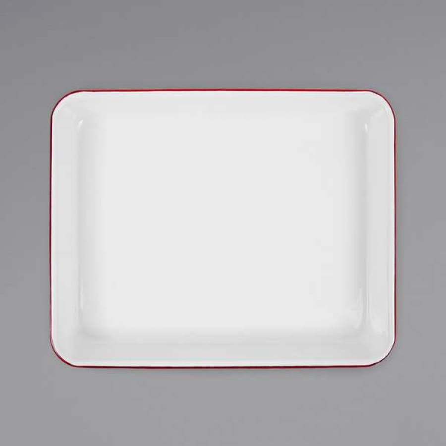 Enamelware * Crow Canyon Home V190Red Vintage 11 1/4 X 8 3/4 White Rectangular Enamelware Tray With Red Rolled Rim