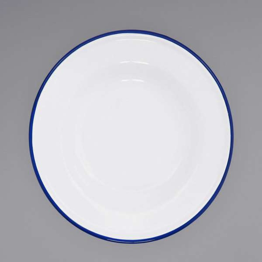 Enamelware * Crow Canyon Home V19Blu Vintage 8 White Wide Rim Enamelware Footed Plate With Blue Rolled Rim