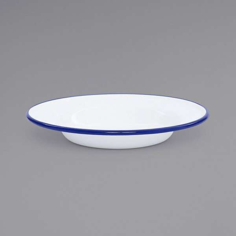 Enamelware * Crow Canyon Home V19Blu Vintage 8 White Wide Rim Enamelware Footed Plate With Blue Rolled Rim