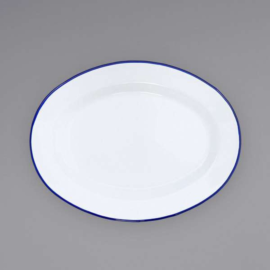 Enamelware * Crow Canyon Home V94Blu Vintage 11 7/8 X 8 11/16 White Enamelware Oval Plate With Blue Rolled Rim