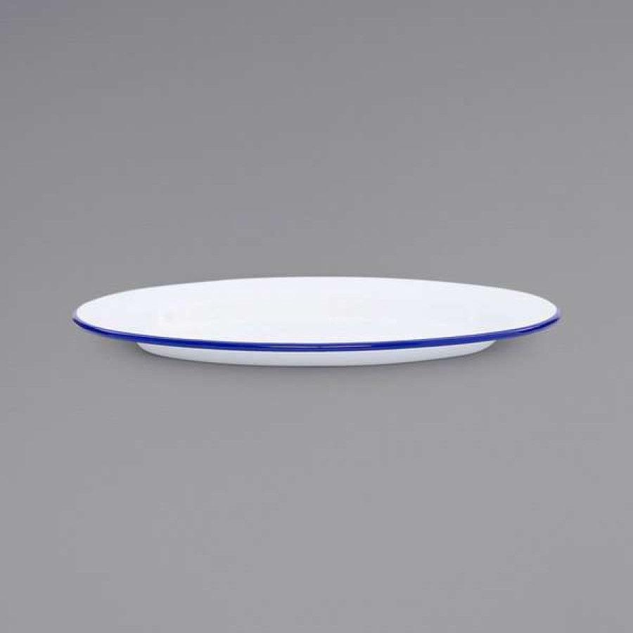 Enamelware * Crow Canyon Home V94Blu Vintage 11 7/8 X 8 11/16 White Enamelware Oval Plate With Blue Rolled Rim