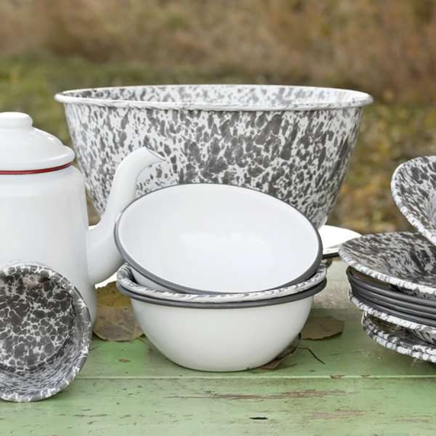 Enamelware * Crow Canyon Home V18Gry Vintage 2 Qt. White Round Enamelware Bowl With Grey Rolled Rim