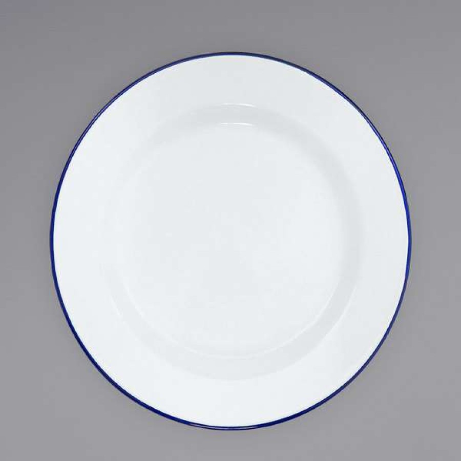 Enamelware * Crow Canyon Home V95Blu Vintage 12 White Wide Rim Enamelware Plate With Blue Rolled Rim