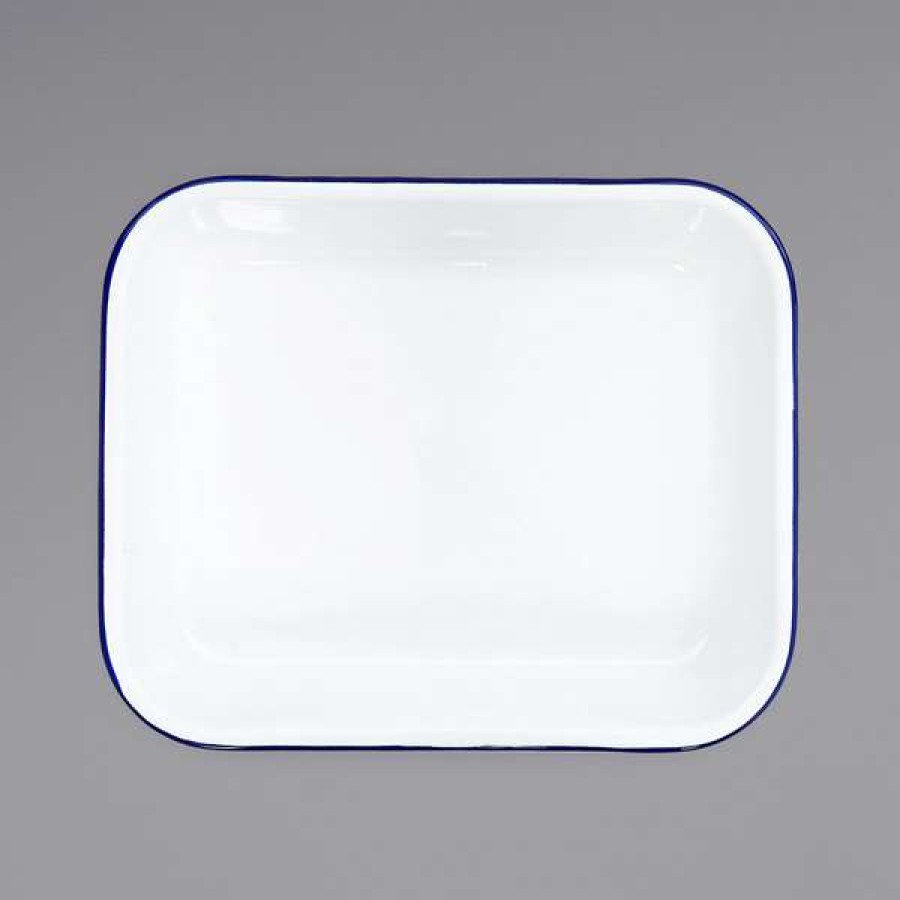 Enamelware * Crow Canyon Home V34Blu Vintage 3 Qt. White Enamelware Roasting Pan With Blue Rolled Rim