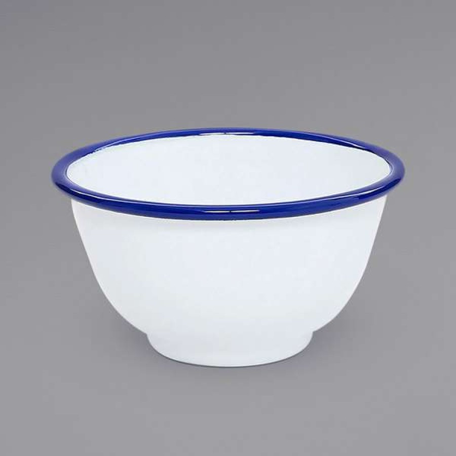 Enamelware * Crow Canyon Home V02Blu Vintage 16 Oz. White Round Enamelware Footed Bowl With Blue Rolled Rim