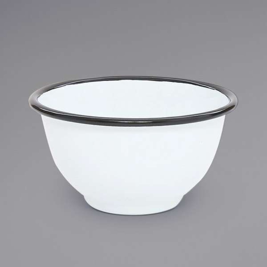 Enamelware * Crow Canyon Home V02Bla Vintage 16 Oz. White Round Enamelware Footed Bowl With Black Rolled Rim