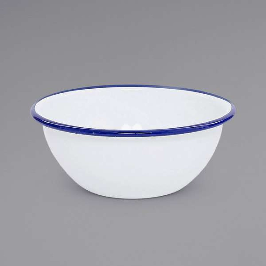 Enamelware * Crow Canyon Home V17Blu Vintage 20 Oz. White Round Enamelware Bowl With Blue Rolled Rim