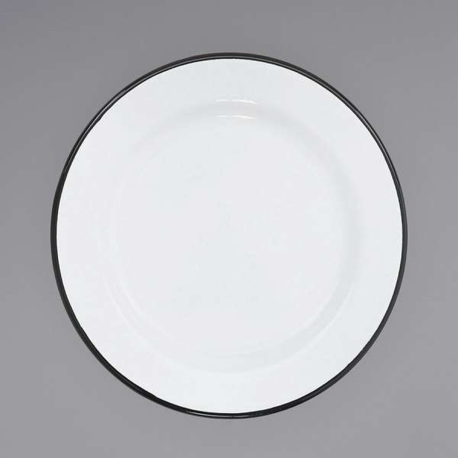 Enamelware * Crow Canyon Home V99Bla Vintage 8 White Wide Rim Enamelware Plate With Black Rolled Rim