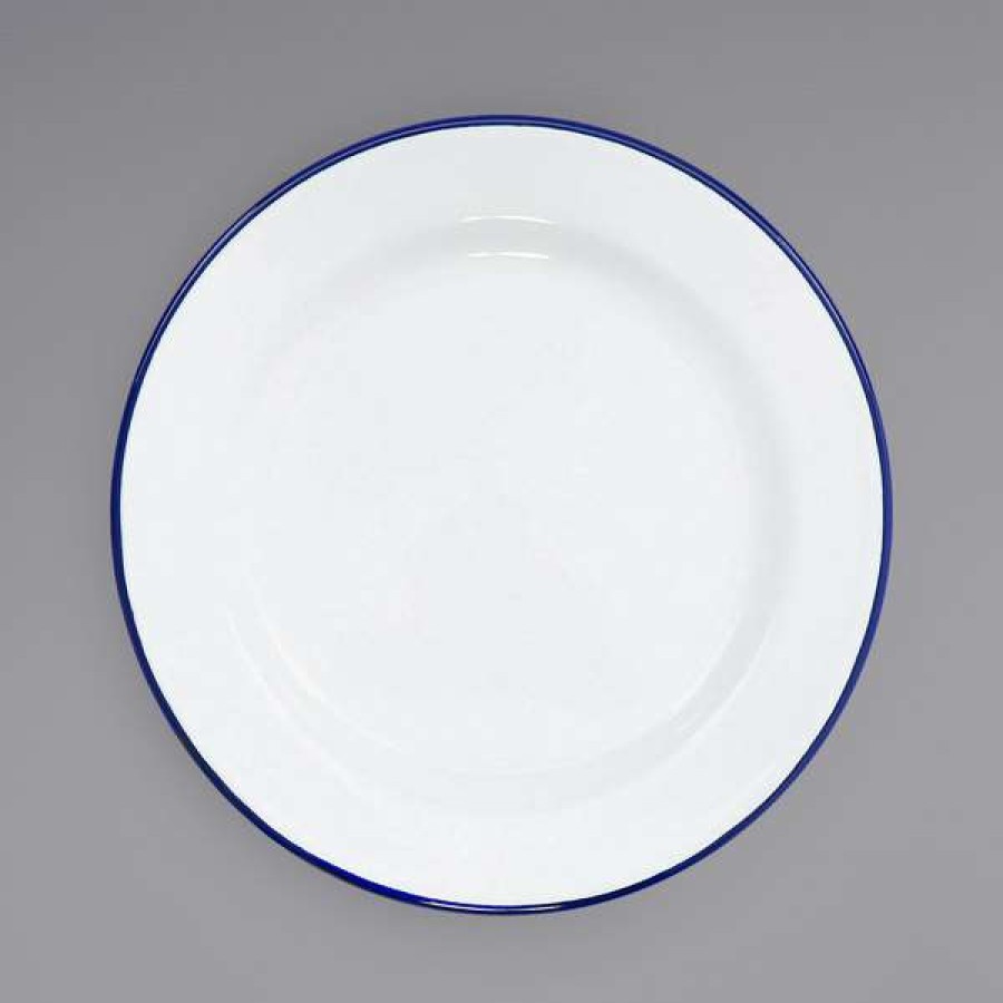 Enamelware * Crow Canyon Home V99Blu Vintage 8 White Wide Rim Enamelware Plate With Blue Rolled Rim