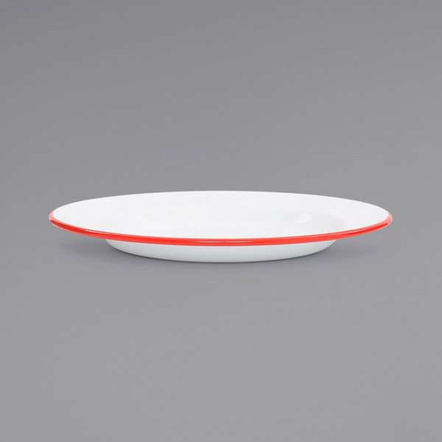 Enamelware * Crow Canyon Home V20Red Vintage 10 1/4 White Wide Rim Enamelware Footed Plate With Red Rolled Rim