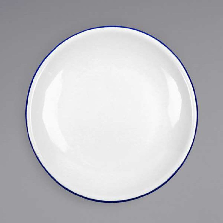 Enamelware * Crow Canyon Home V123Blu Vintage 8 White Coupe Enamelware Plate With Blue Rolled Rim