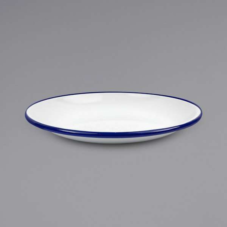 Enamelware * Crow Canyon Home V123Blu Vintage 8 White Coupe Enamelware Plate With Blue Rolled Rim