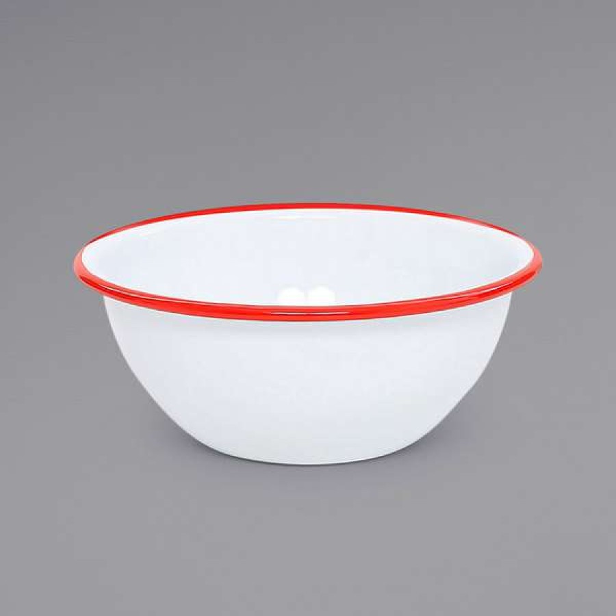 Enamelware * Crow Canyon Home V17Red Vintage 20 Oz. White Round Enamelware Bowl With Red Rolled Rim