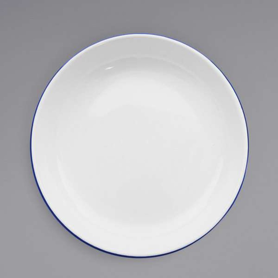 Enamelware * Crow Canyon Home V114Blu Vintage 10 1/2 White Round Enamelware Deep Coupe Pasta Plate With Blue Rolled Rim