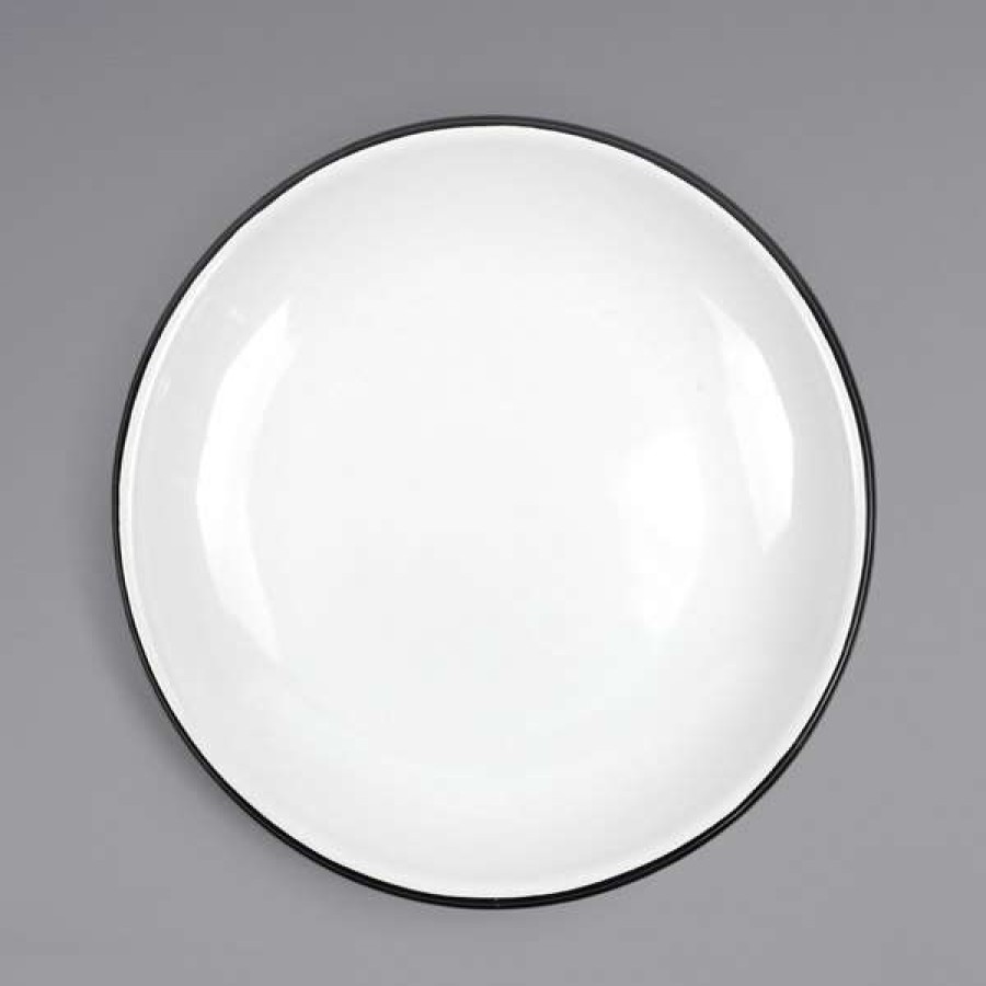 Enamelware * Crow Canyon Home V124Bla Vintage 10 1/2 White Coupe Enamelware Plate With Black Rolled Rim