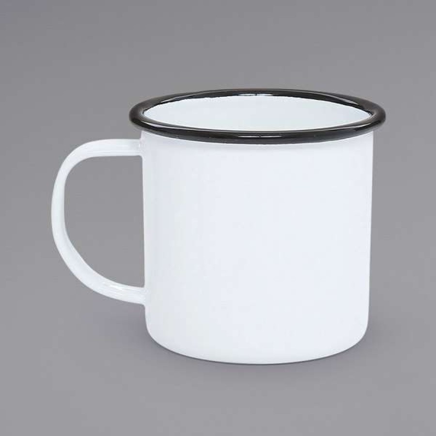 Enamelware * Crow Canyon Home V11Bla Vintage 12 Oz. White Enamelware Mug With Black Rolled Rim