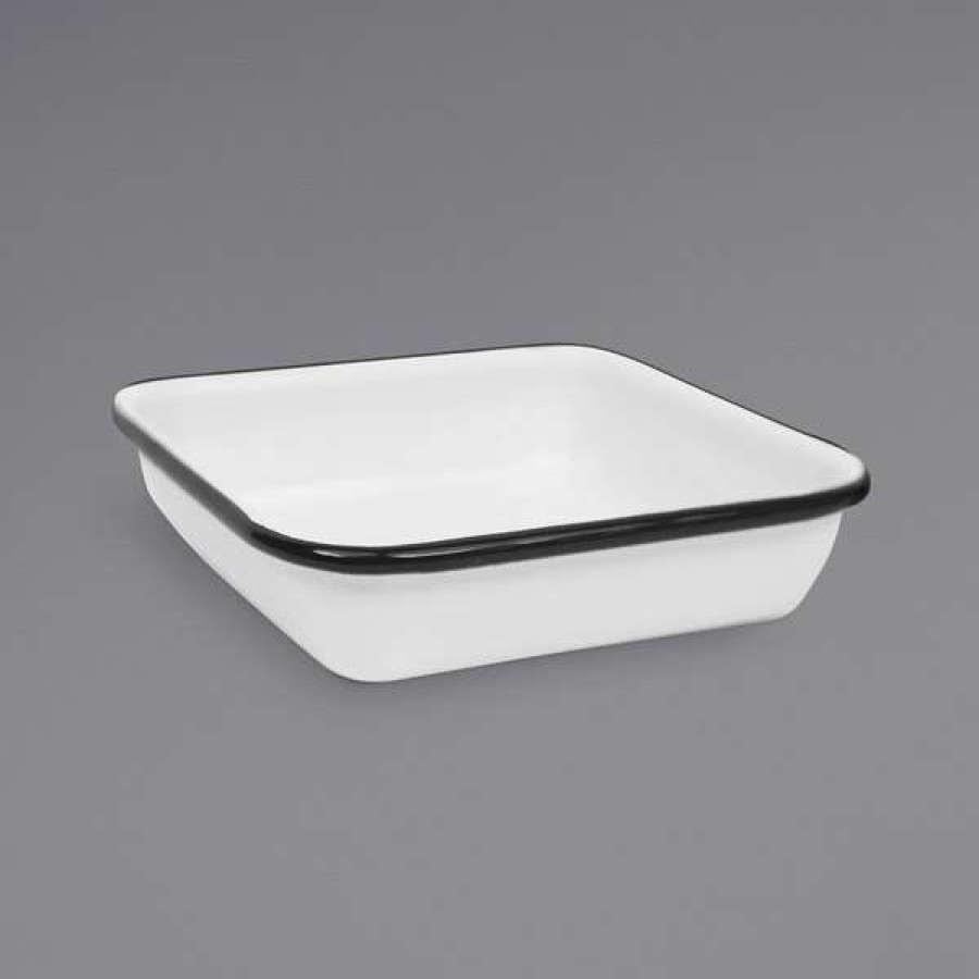 Enamelware * Crow Canyon Home V122Bla Vintage 4 3/4 White Square Enamelware Tray With Black Rolled Rim