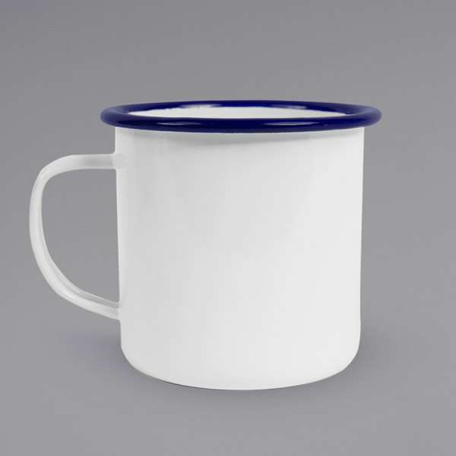 Enamelware * Crow Canyon Home V112Blu Vintage 16 Oz. White Enamelware Mug With Blue Rolled Rim