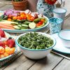 Enamelware * Crow Canyon Home V23Tur Vintage 4 Qt. White Round Enamelware Footed Bowl With Turquoise Rolled Rim