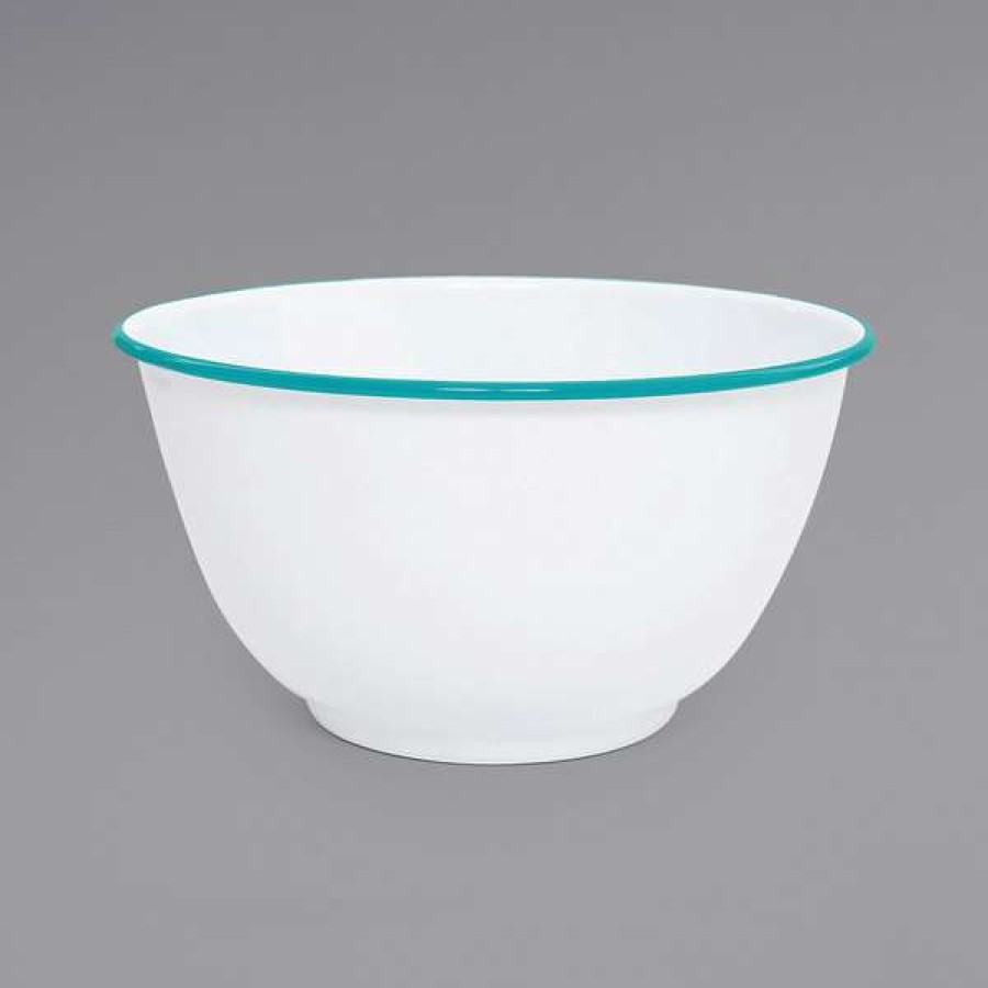 Enamelware * Crow Canyon Home V23Tur Vintage 4 Qt. White Round Enamelware Footed Bowl With Turquoise Rolled Rim