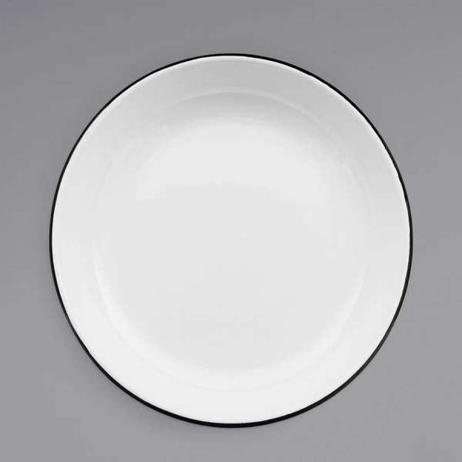 Enamelware * Crow Canyon Home V114Bla Vintage 10 1/2 White Round Enamelware Deep Coupe Pasta Plate With Black Rolled Rim