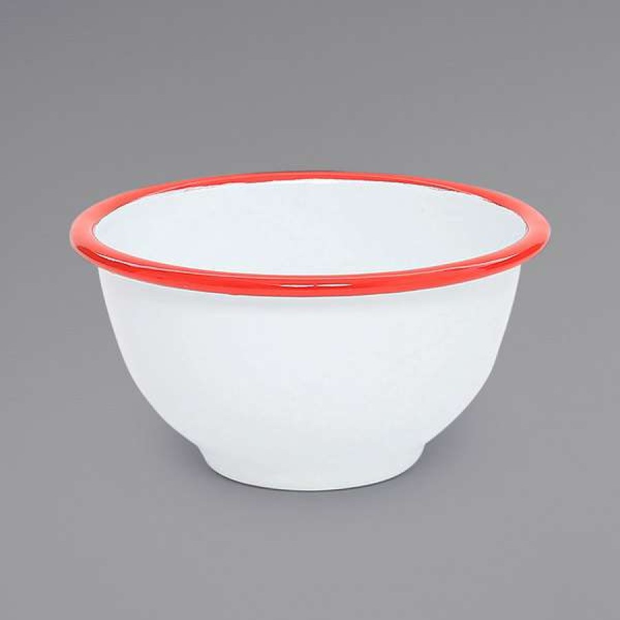 Enamelware * Crow Canyon Home V02Red Vintage 16 Oz. White Round Enamelware Footed Bowl With Red Rolled Rim