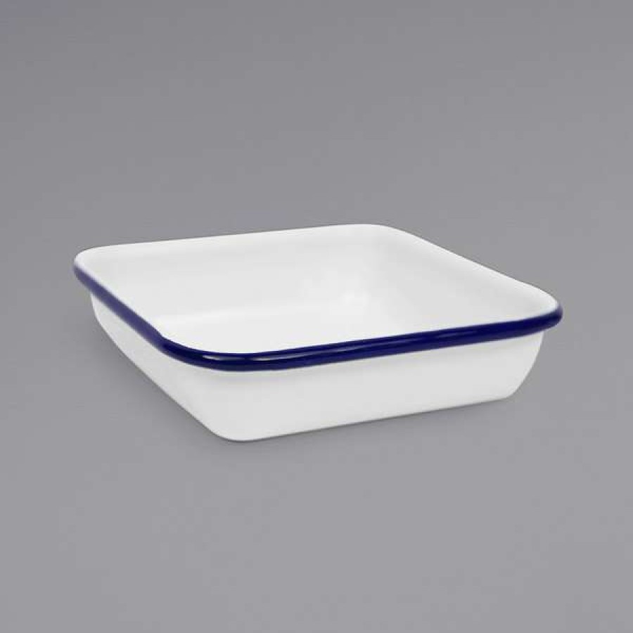 Enamelware * Crow Canyon Home V122Blu Vintage 4 3/4 White Square Enamelware Tray With Blue Rolled Rim