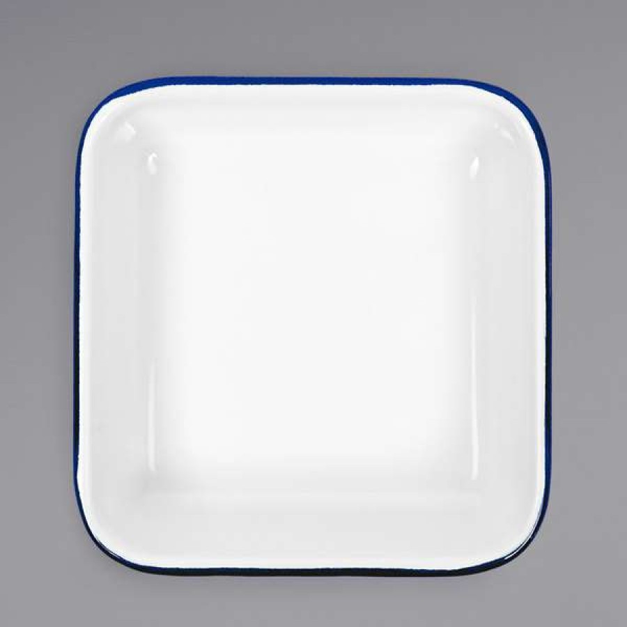 Enamelware * Crow Canyon Home V122Blu Vintage 4 3/4 White Square Enamelware Tray With Blue Rolled Rim