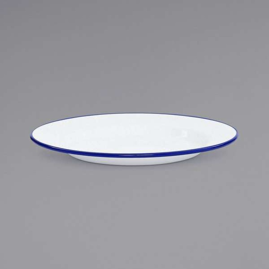 Enamelware * Crow Canyon Home V20Blu Vintage 10 1/4 White Wide Rim Enamelware Footed Plate With Blue Rolled Rim