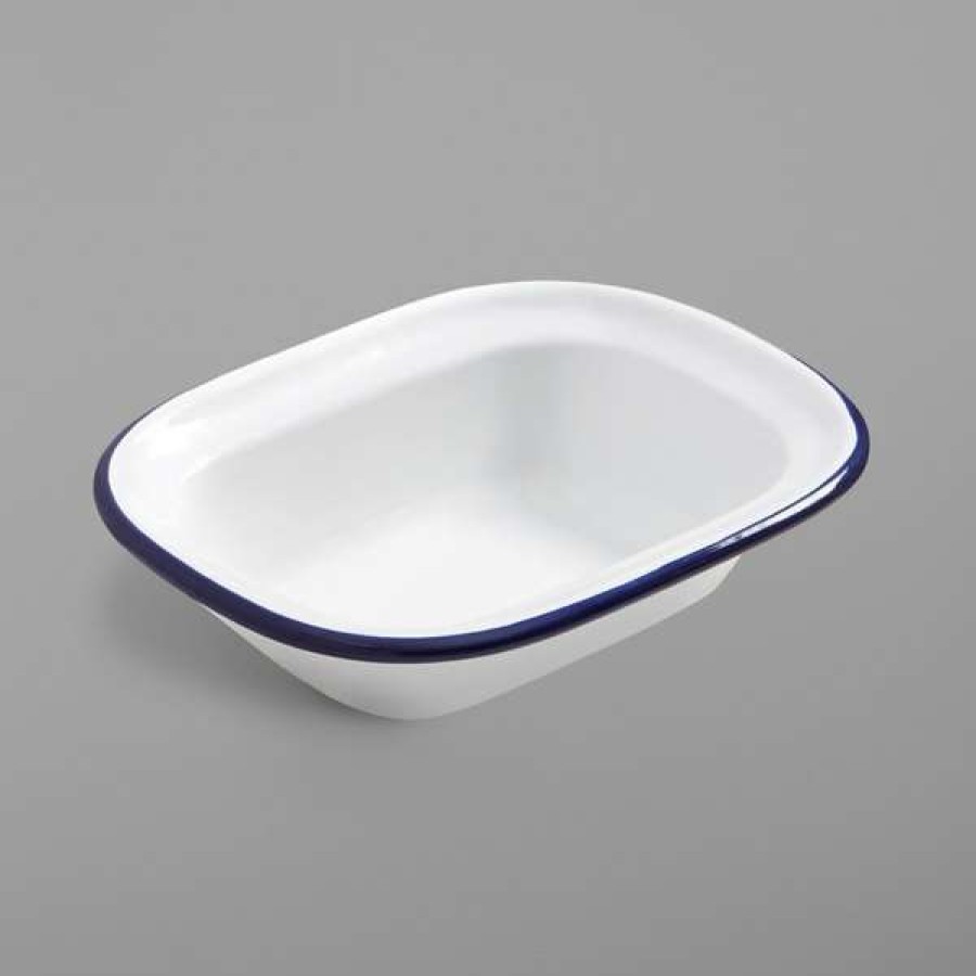 Enamelware * American Metalcraft Ewb6 8 Oz. White Rolled Rim Rectangular Bowl With Blue Rim