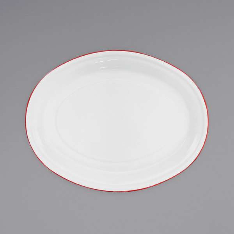 Enamelware * Crow Canyon Home V61Red Vintage 18 X 13 White Enamelware Oval Platter With Red Rolled Rim