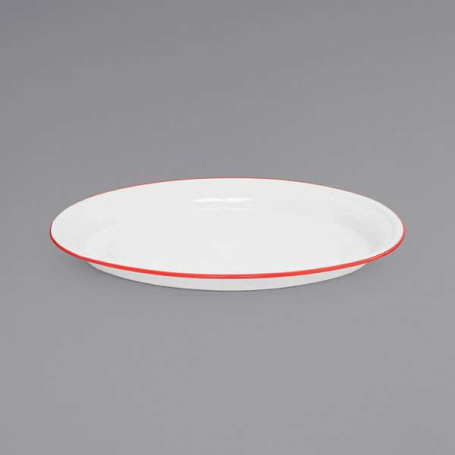 Enamelware * Crow Canyon Home V61Red Vintage 18 X 13 White Enamelware Oval Platter With Red Rolled Rim