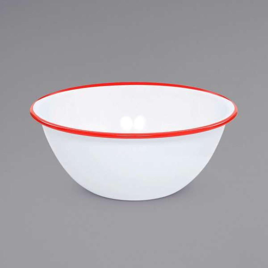 Enamelware * Crow Canyon Home V18Red Vintage 2 Qt. White Round Enamelware Bowl With Red Rolled Rim