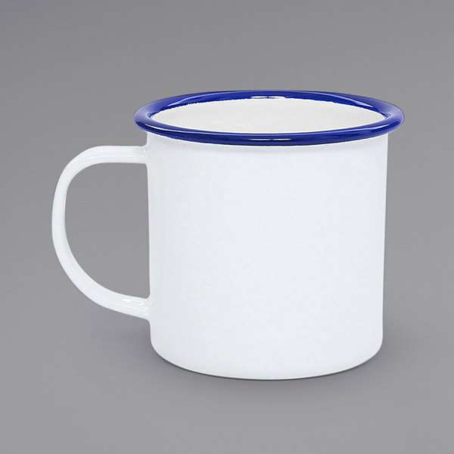 Enamelware * Crow Canyon Home V11Blu Vintage 12 Oz. White Enamelware Mug With Blue Rolled Rim