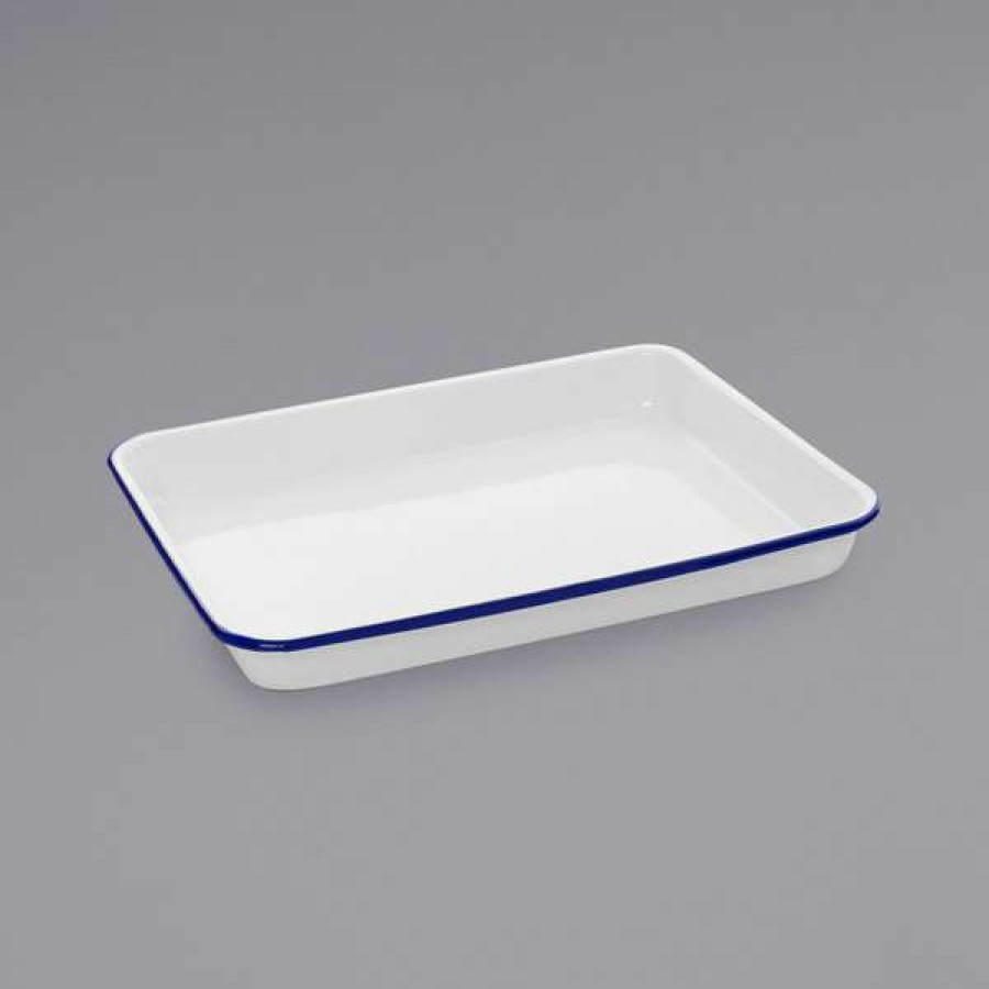 Enamelware * Crow Canyon Home V190Blu Vintage 11 1/4 X 8 3/4 White Rectangular Enamelware Tray With Blue Rolled Rim