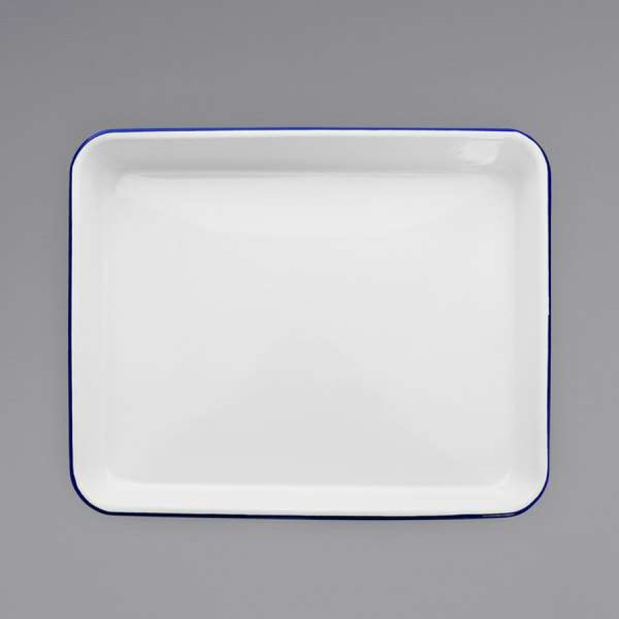 Enamelware * Crow Canyon Home V190Blu Vintage 11 1/4 X 8 3/4 White Rectangular Enamelware Tray With Blue Rolled Rim